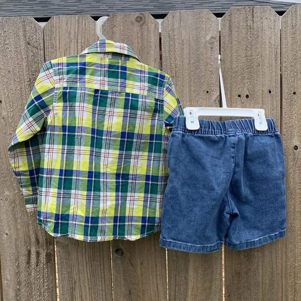 Take 50% OFF- Boys 2pcs Plaid Kids Shirt - Blue and Green and Shorts, Size-3T